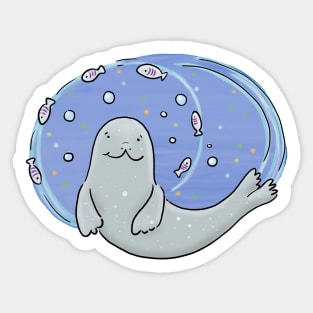 Cute happy seal and fish blue cartoon illustration Sticker